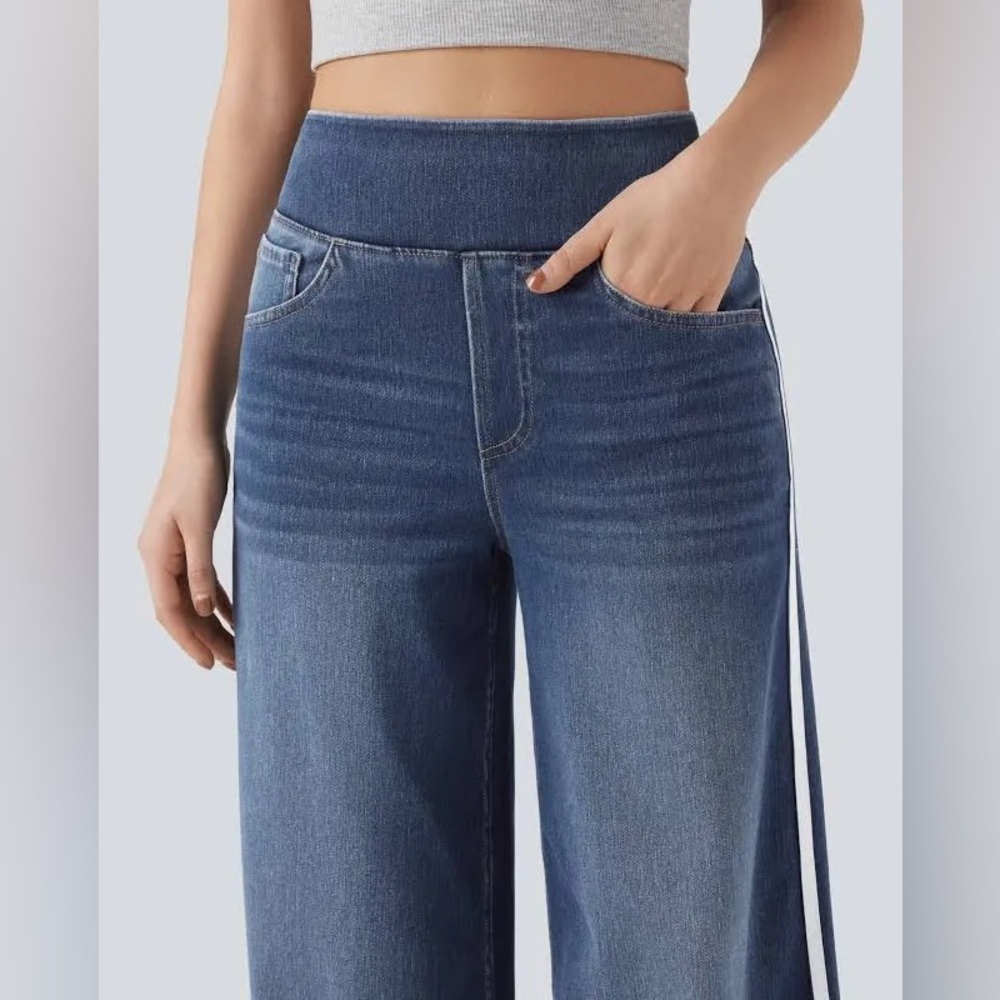 Halara Flex High Waisted Tummy Control Stripe Wide Leg Flowy Dark Wash Jeans - Picture 2 of 13